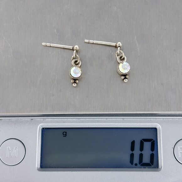 Vintage Sterling Silver 925 Caviar Accent Iridescent Crystal Dangle Earrings - Picture 4 of 5